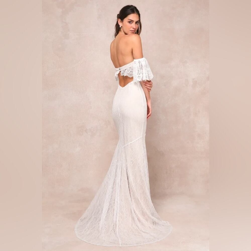 Lulus Prospering Love Beige and Ivory Lace Off-the-Shoulder Maxi Dress NWT